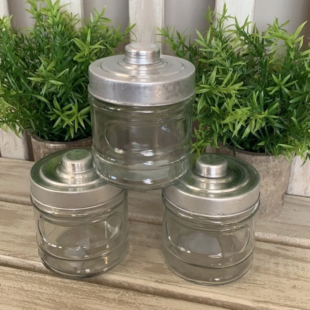 Apothecary Jar Set - Rustic Farmhouse Jar W/Metal Lids 3pcs Set ~New~